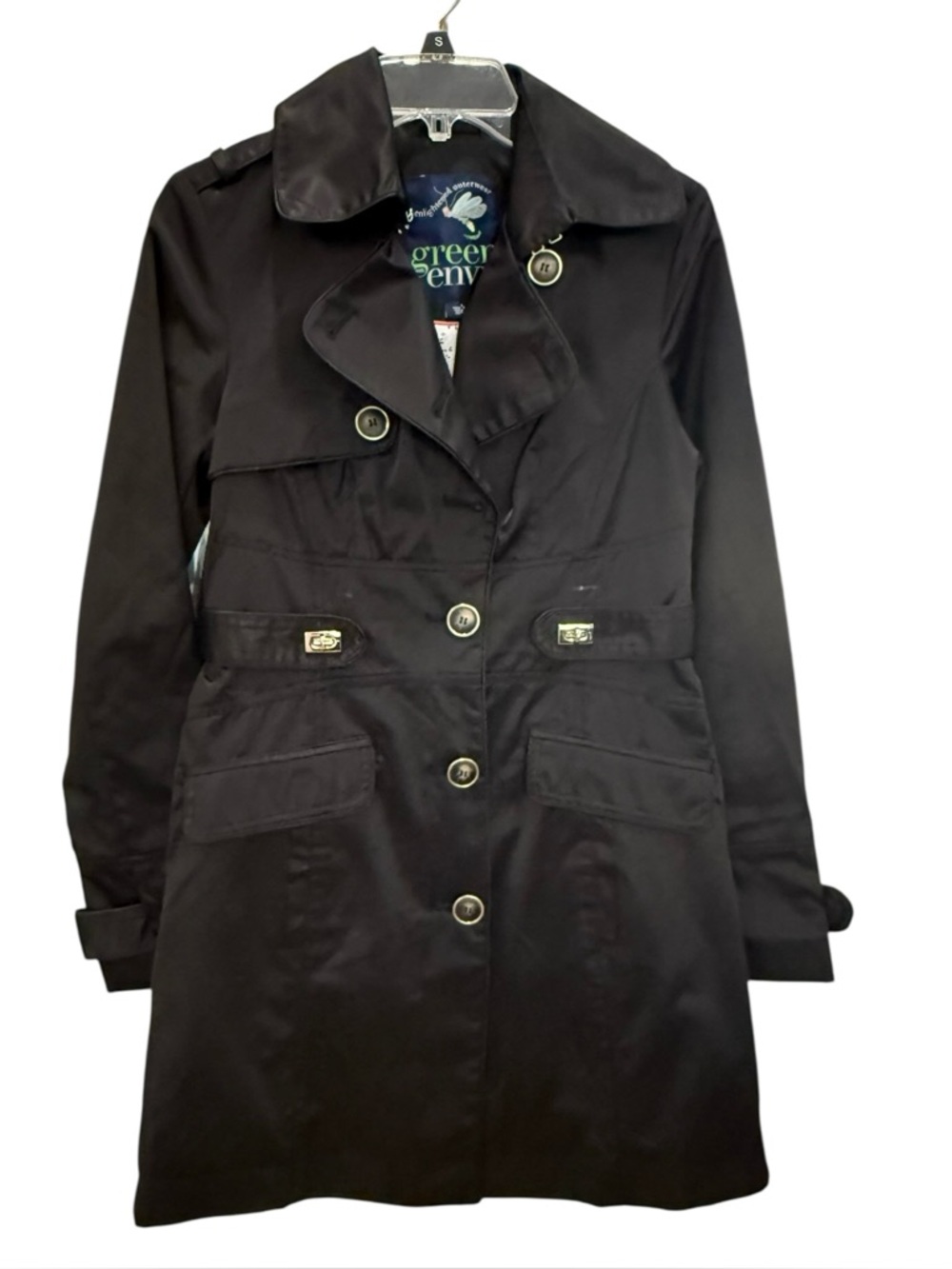 EUC. Green with Envy black, button up rain jacket, size small.